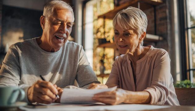Senior couple reviewing financial documents and planning their future together. - Powered by Adobe