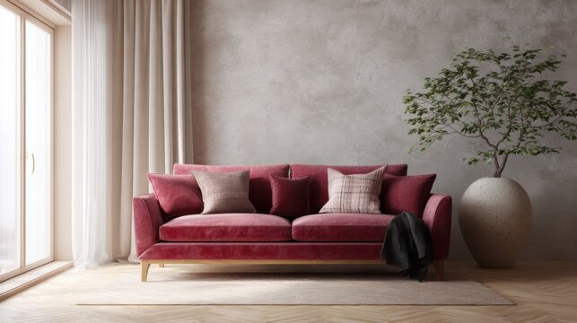 cinematic living room full view, raspberry tone sofa, foggy cream wall, light wood floor, soft diffused light, elegant contrast