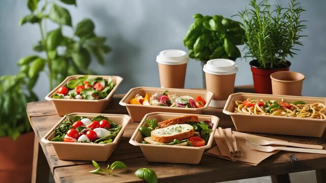 Cinematic Product Video of Eco-Friendly Food Packaging with Salads, Sandwiches, and Pasta in Sustainable Caf&eacute; Setting