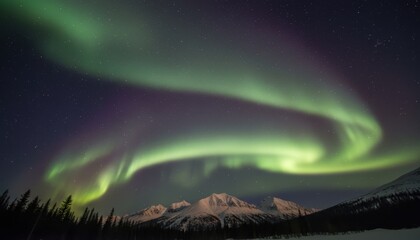 Vibrant green and purple aurora borealis lights dance across a starry sky above a majestic snow-covered mountain range and dark pine forest in a breathtaking natural display