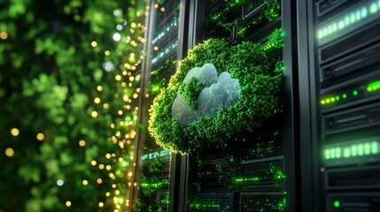Green cloud computing concept with nature growing on servers, highlighting sustainable technology for a modern business future and environmentally friendly data
