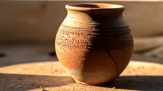 Ancient Cracked Earthenware Pot with Ornaments in Sunlight.