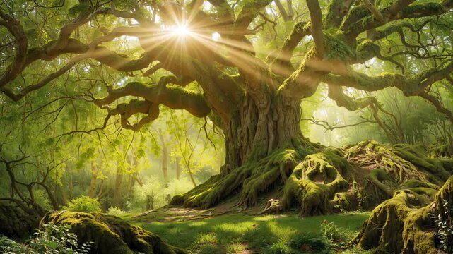 Ancient woodland with towering tree bathed in golden sunlight. Static camera captures old-growth forest with exposed root system and moss coverage.