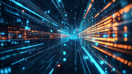 Immersive digital data stream with vibrant blue and orange light trails, perfect for conveying speed, technology and innovation in modern designs