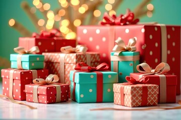 Obraz premium A stack of Christmas presents with red and green boxes