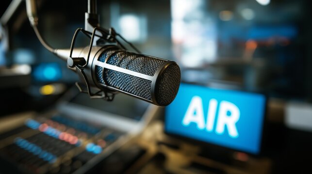 Professional microphone and on air sign in radio station studio - Powered by Adobe
