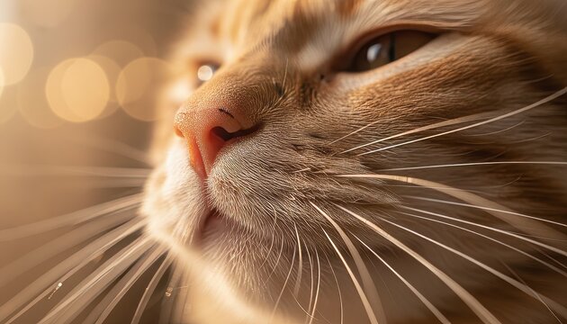 Beautiful ginger cat's face with a detailed pink nose and long white whiskers is captured in a serene macro portrait with warm, golden sunlight - Powered by Adobe