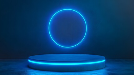 Stunning vibrant blue neon stage for product display, perfect for modern technology or futuristic concepts, creating a dynamic and captivating effect