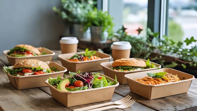 Cinematic Product Video of Eco-Friendly Food Packaging with Salads, Sandwiches, and Pasta in Sustainable Caf&eacute; Setting