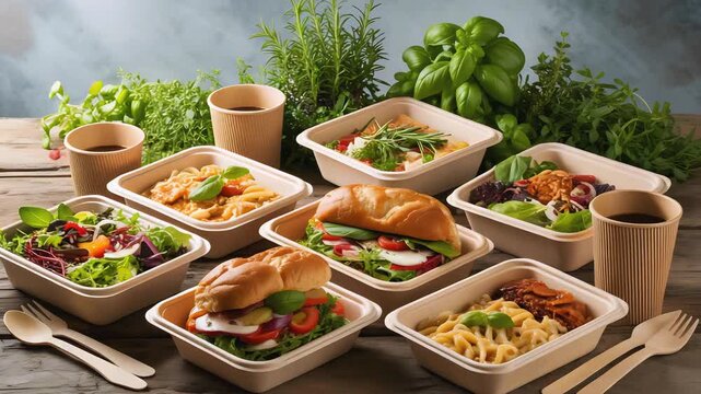 Cinematic Product Video of Eco-Friendly Food Packaging with Salads, Sandwiches, and Pasta in Sustainable Caf&eacute; Setting