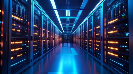 Secure data servers running in a modern data center with vibrant lights offer high-speed connectivity for global network solutions and cloud computing