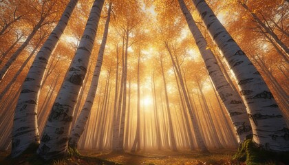 Tall birch trees with golden autumn leaves are seen from a low angle perspective as warm sunlight shines through the misty woods creating a magical and serene atmosphere