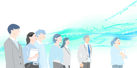 スタートアップのイメージイラストービジネスパーソンー明るい未来を夢見る男女ー抽象的な背景イラスト素材