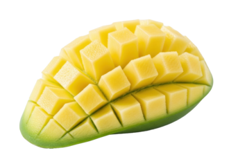 A vibrant green unripe mango half, flesh scored into cubes ('hedgehog' effect), glistening, on a transparent background, inviting visual consumption. Appetizing food photography concept