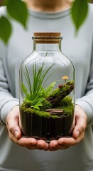 Person holding a glass jar terrarium with a miniature ecosystem inside. DIY nature hobby with moss, plants, a mushroom, and a ladybug. Sustainability and conservation concept
