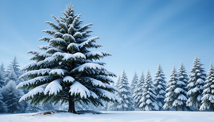 Majestic snow covered evergreen trees stand tall in a bright winter forest landscape under a clear blue sky