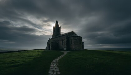 Fototapeta premium Ancient stone church with a tall steeple stands majestically on a grassy hill under a dramatic moonlit night sky with stars and clouds