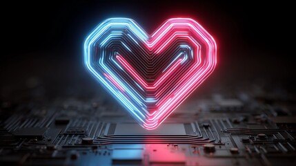 Vibrant Red and Blue Neon Heart Symbol Glowing Brightly Over a Dark, Industrial Electronic Circuit Board Background