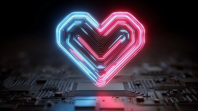 Vibrant Red and Blue Neon Heart Symbol Glowing Brightly Over a Dark, Industrial Electronic Circuit Board Background - Powered by Adobe