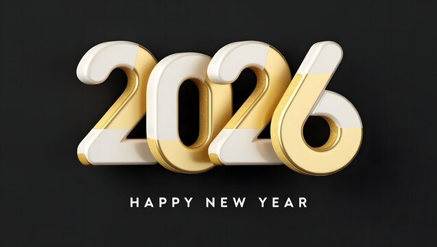 Modern Happy New Year 2026 typography design with elegant overlapping gold and white numbers, luxury 3D style, glitter texture details, and a clean dark background for festive holiday greetings