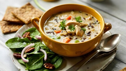Hearty and wholesome chicken wild rice soup served in a warm yellow bowl, accompanied by a fresh spinach salad with pecans and crunchy whole-grain crackers, perfect for a cozy and satisfying meal
