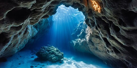 Mysterious underwater cave entrance with sunlight beams illuminating beautiful rock formations.