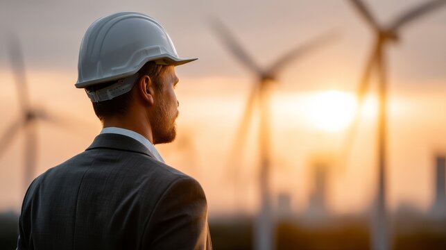 Engineer wearing hardhat inspecting wind turbines at sunset, renewable energy concept