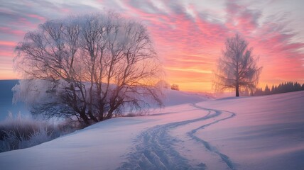 A tranquil winter morning scene with a snowy path winding through a field towards frost-covered trees under a vibrant pink sunrise