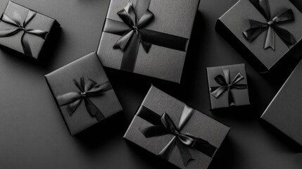 Rows of neatly wrapped black gift boxes with elegant ribbons create a sophisticated atmosphere for a special event or celebration
