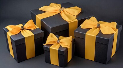 Rows of neatly wrapped black gift boxes with elegant ribbons create a sophisticated atmosphere for a special event or celebration