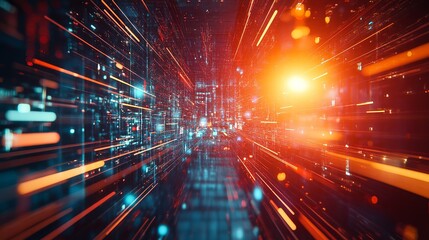 Dynamic digital data stream with glowing network connections for modern tech, AI, and innovation concepts, representing fast internet speeds