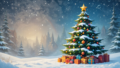 Obraz premium Decorated outdoor christmas tree with presents sits in a snowy winter landscape near a distant fairytale castle
