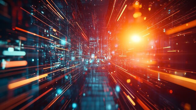 Dynamic digital data stream with glowing network connections for modern tech, AI, and innovation concepts, representing fast internet speeds