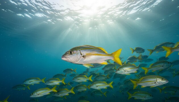 Large school of yellowtail snapper fish with vibrant yellow fins swims together in the clear blue ocean under beautiful sun rays filtering from the surface