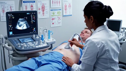 doctor conducts fetal ultrasound scan, medical professional performs abdominal ultrasound assessment, modern ultrasound device employed for detailed prenatal evaluation and maternal health