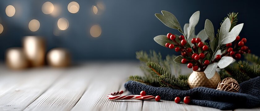 A beautifully wrapped gift box with red ribbon sits among holiday decorations and candy canes, creating a cheerful atmosphere