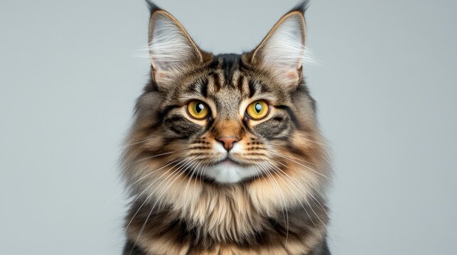 Regal Maine Coon Cat with Striped Fur, Majestic Posture, and Stunning Amber Eyes in Elegant Setting - Powered by Adobe