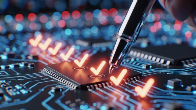 Precision pen mark on digital circuit board with glowing checkmarks representing system verification and quality assurance