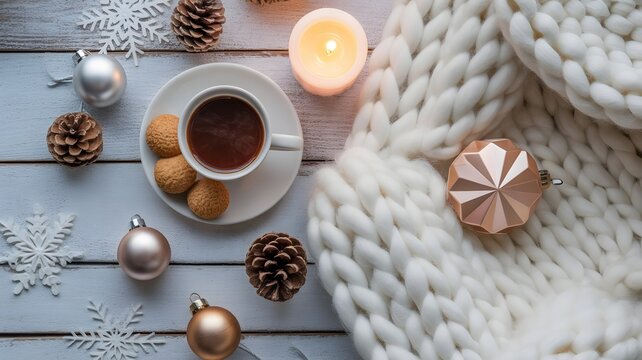 Warm beverage and sweet treats amidst festive winter decorations, evoking a cozy and comfortable holiday season ambiance