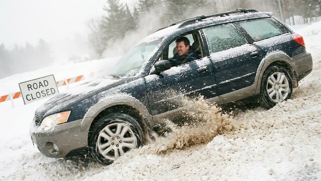A dark blue Subaru Outback struggles in snowy, muddy conditions on a closed road.