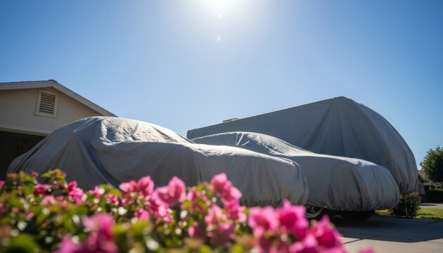 Two cars and a recreational vehicle under gray protective tarps are parked in a residential driveway on a bright, sunny day with a clear blue sky