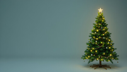 Illuminated artificial christmas tree with star topper and silver ornaments stands ready for holiday celebration copy space