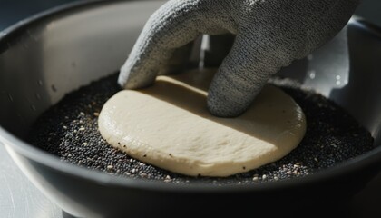 Hand in a cut-resistant safety glove presses raw circular dough into a metal bowl of poppy seeds, preparing a bun for baking in a professional kitchen with bright sunlight