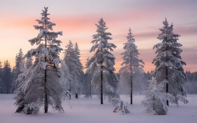 Fototapeta premium Enchanting Winter Scene Snow-Covered Trees Under a Pastel Sky