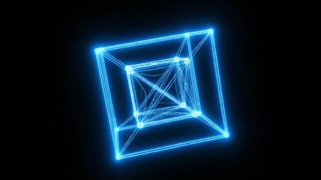 bright cube spins, futuristic glowing cube rotation, illuminated neon cube turns in space environment, luminescent wireframe cube rotating amidst dark cosmic backdrop with network connections