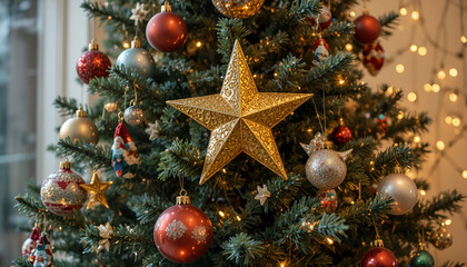 Close up of a richly decorated christmas tree featuring a large golden star and sparkling ornaments with warm lights