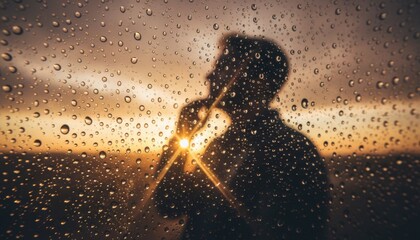 Wet glass window covered in raindrops reveals a pensive silhouette of a person watching a warm, glowing sunset with a cinematic sun flare