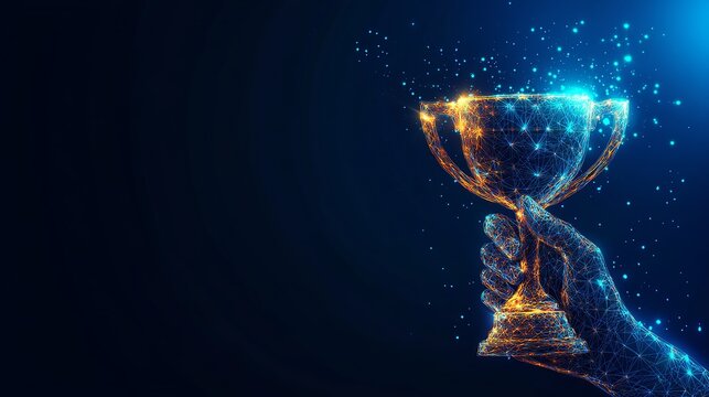 Stunning digital illustration of a hand holding a shimmering gold trophy cup against a dark blue background, symbolizing success and achievement
