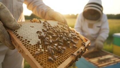 Wooden honeycomb frame covered with honeybees is carefully held by a beekeeper in protective gloves during a warm sunset inspection at a rural apiary