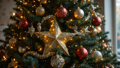 Close up of a beautifully decorated christmas tree featuring a large glowing gold star and warm festive lights